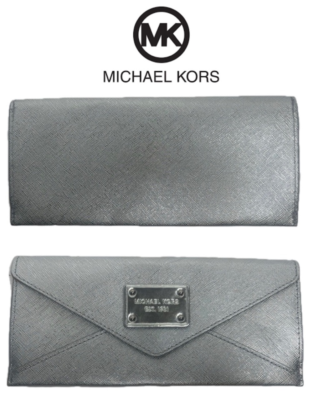 Michael Kors MK Silver Wallet Continental Jet Set Slim Envelope Check Holder
